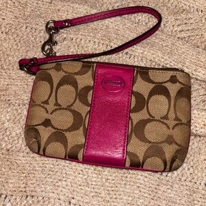 Coach Signature Canvas & Magenta Leather Wristlet Wallet Clutch